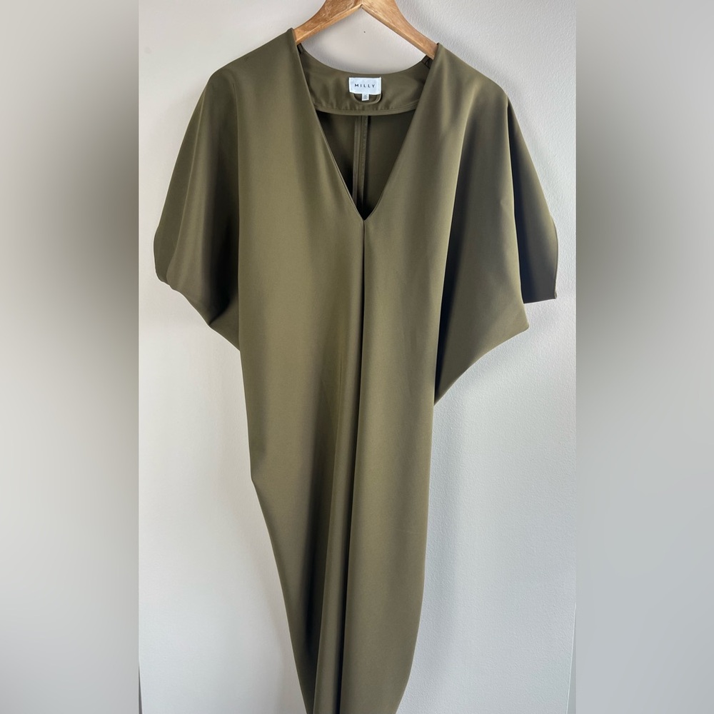 Milly Olive Green Batwing Cocoon Tie Waist Kimono Cocktail Dress Size Medium - Picture 2 of 11